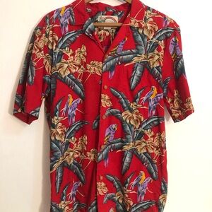 Paradise Found Shirt Mens Medium Red Parrot Hawaiian Cotton Camp Magnum PI Beach
